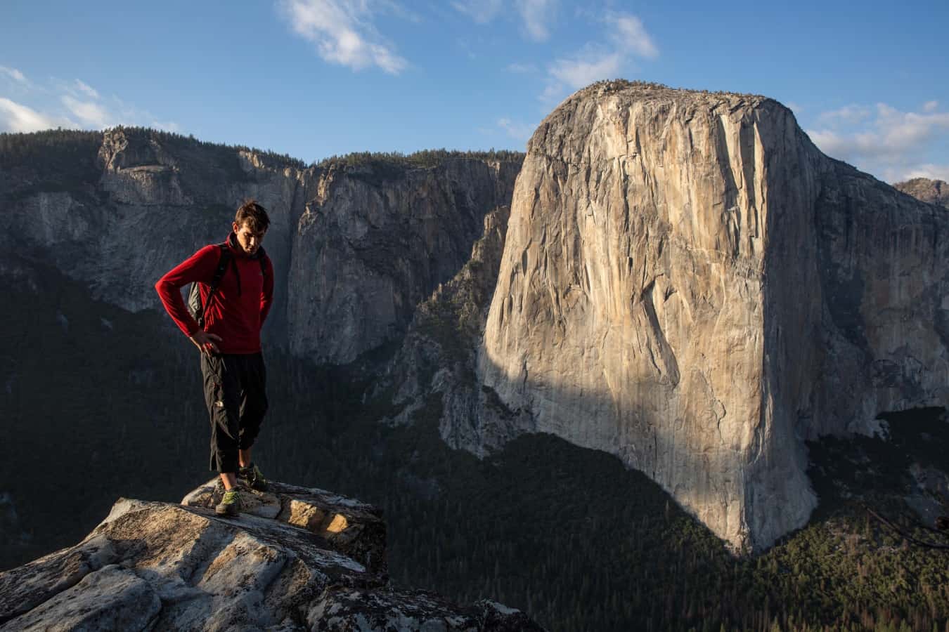 Alex Honnold atop Lower Cathedral with El Capitan in the background, Yosemite National Park, CA. (National Geographic/Samuel Crossley)